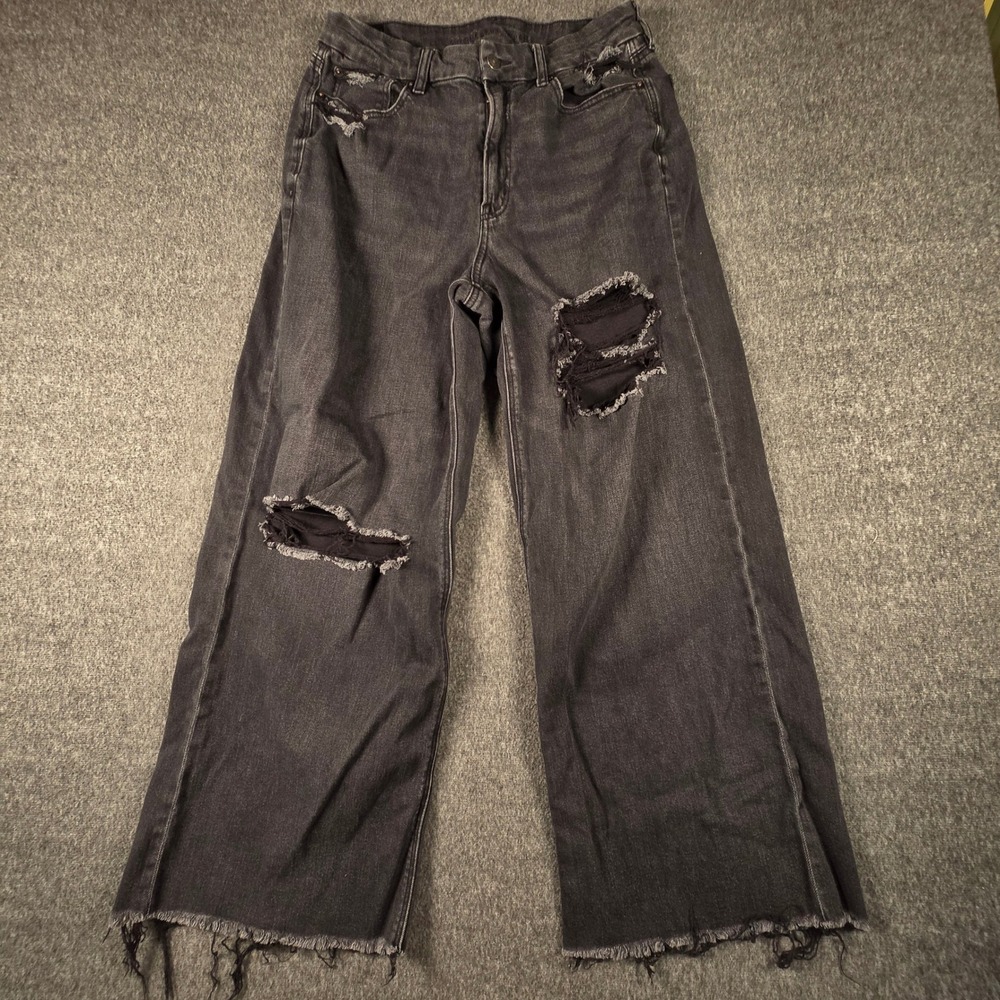 American Eagle Wide Leg Distressed Jeans Size 28 Faded Black Raw Hem Womens